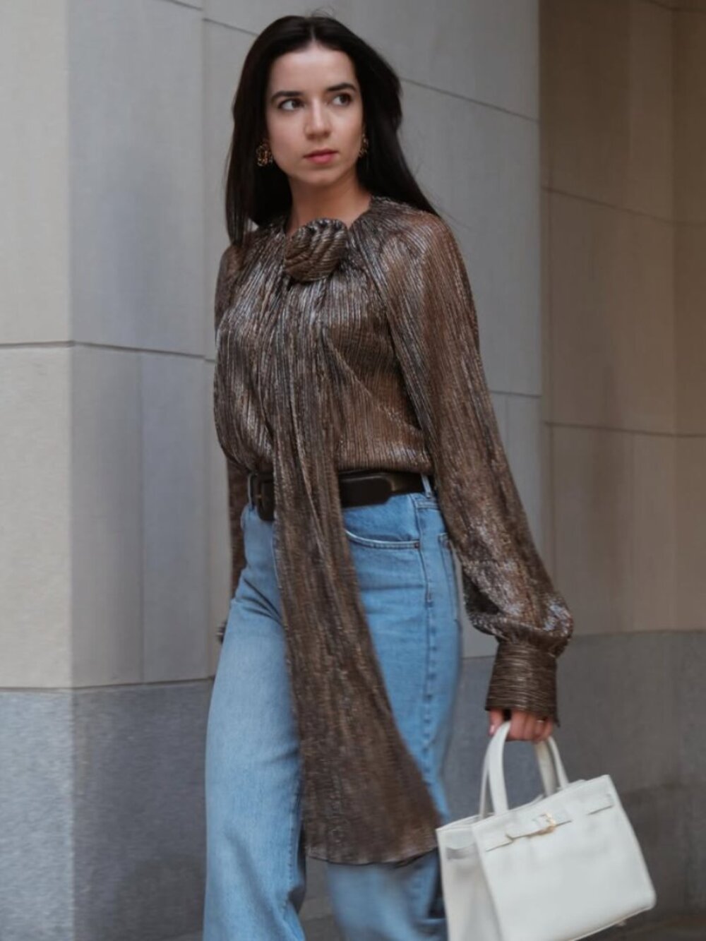 Glitter Pleated Floral Blouse (Detachable Flower Included) - Rich Radiqs
